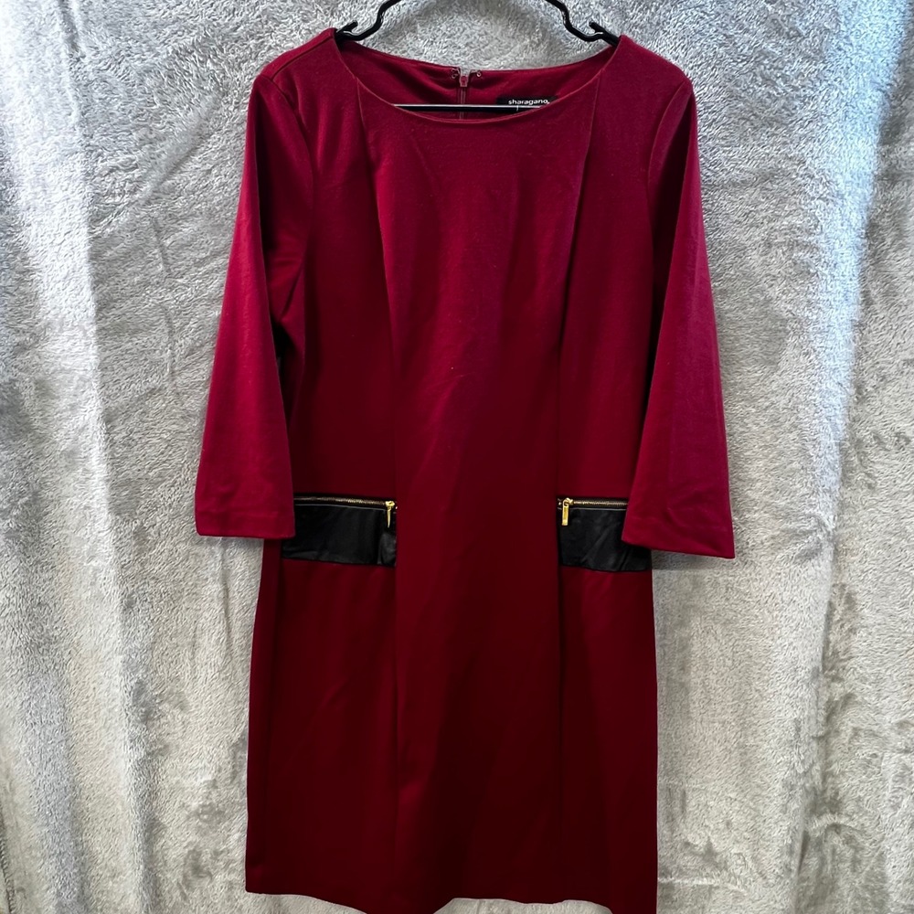 Sharagano Womens Size 12 Wine Red Sheath Dress Faux Leather Trim Edgy‎ Holiday